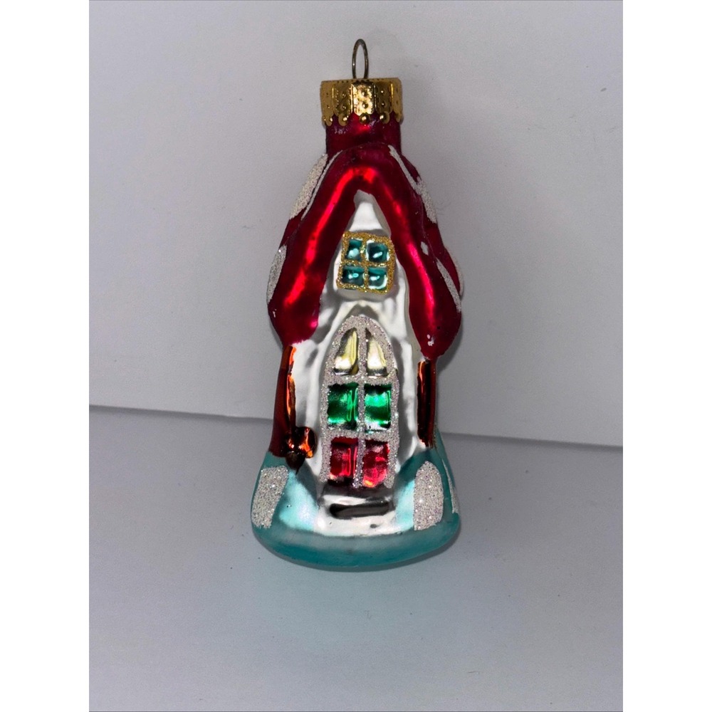 Vintage Blown Glass Christmas Cottage House Red Snowy Glitter Roof Ornament 4"